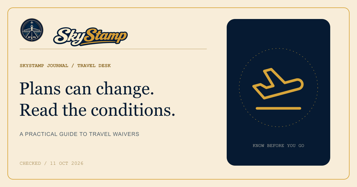 SkyStamp editorial card with a departing aircraft and the words Plans can change. Read the conditions.