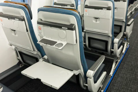 Rear view of E175 seats showing a lowered tray table and a smaller fold-down holder.