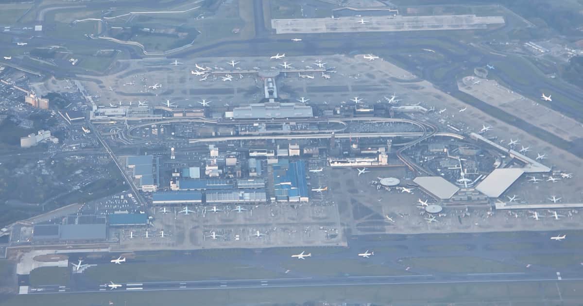 Aerial view of Narita Airport’s terminal buildings, apron and surrounding countryside