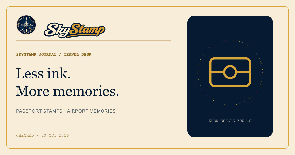 SkyStamp editorial card with a passport outline and the words Less ink. More memories.