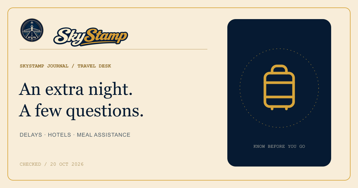 SkyStamp editorial card with a luggage outline and the words An extra night. A few questions.