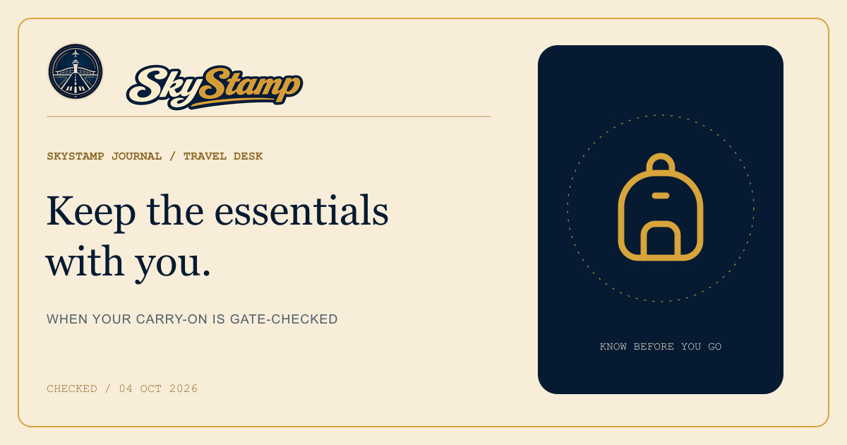 SkyStamp navy-and-gold editorial card with a backpack and the words Keep the essentials with you