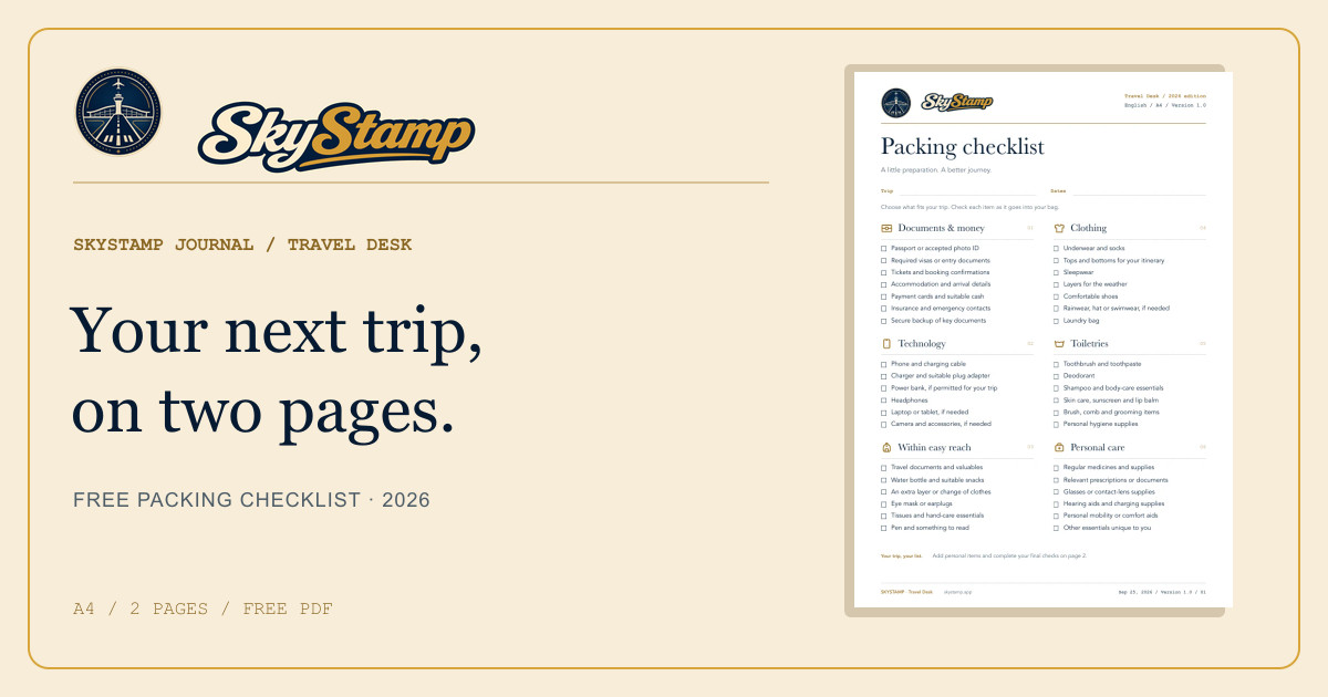 SkyStamp’s two-page 2026 packing checklist with its circular seal, wordmark and navy-and-gold design
