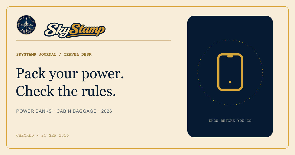 SkyStamp editorial card about portable chargers and airline power-bank packing rules