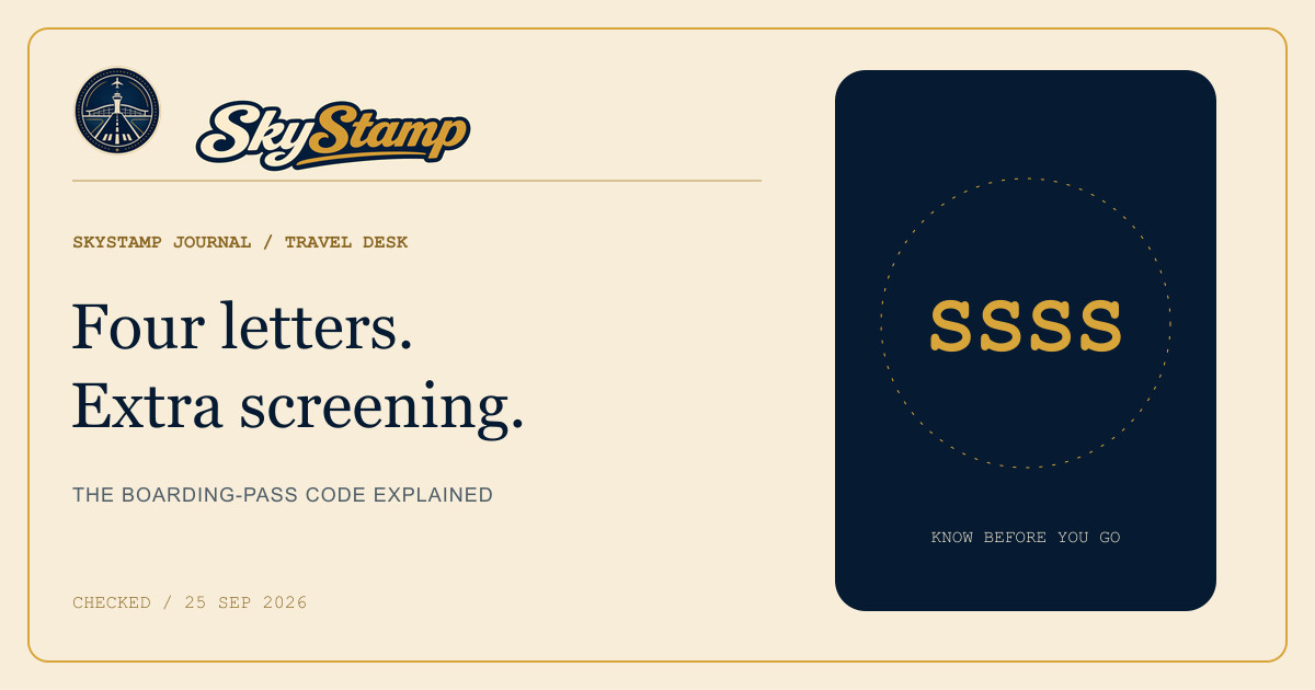 The four-letter SSSS boarding-pass code on a navy-and-gold SkyStamp editorial card