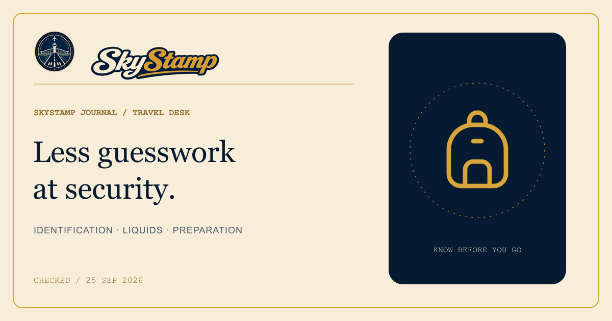SkyStamp editorial card about airport identification, TSA ConfirmID and carry-on liquids