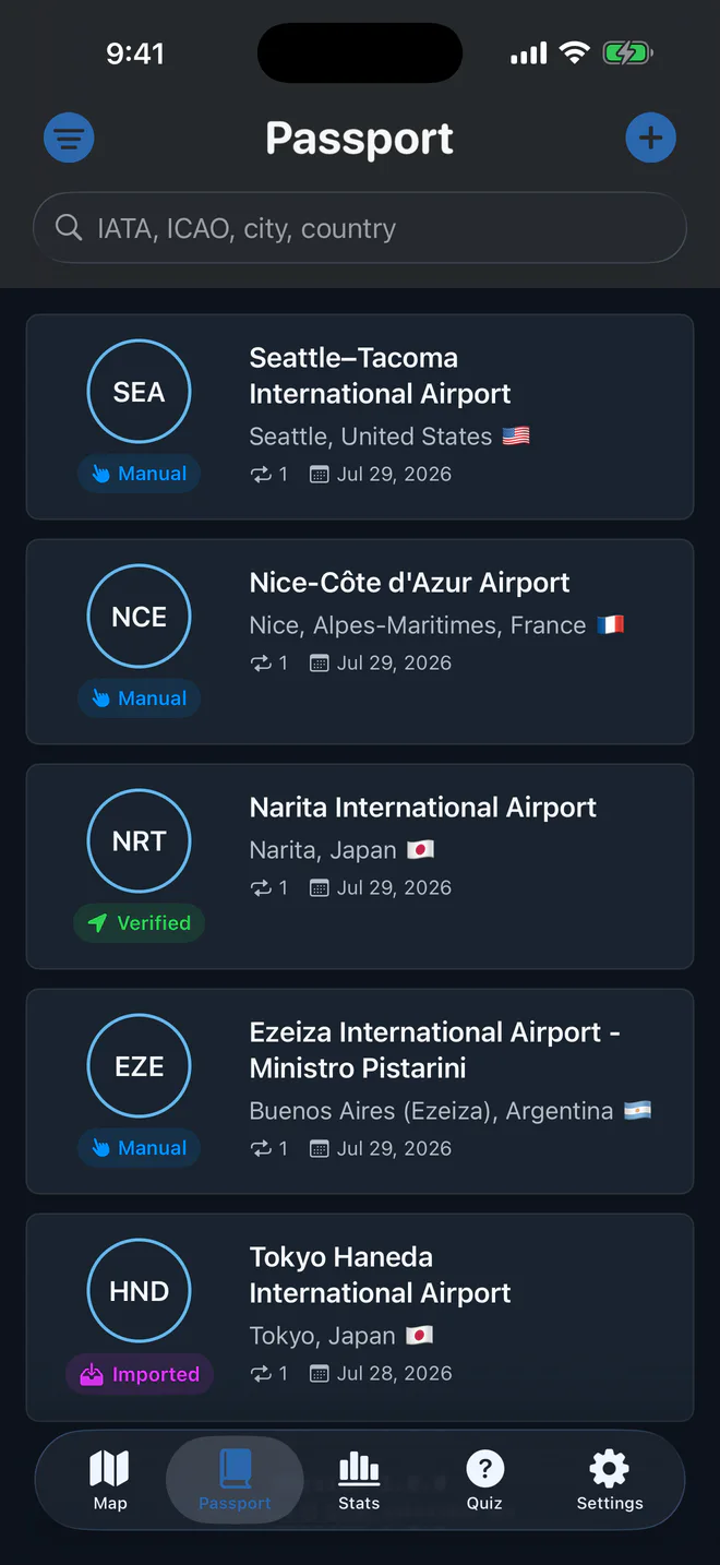 SkyStamp Passport screen
