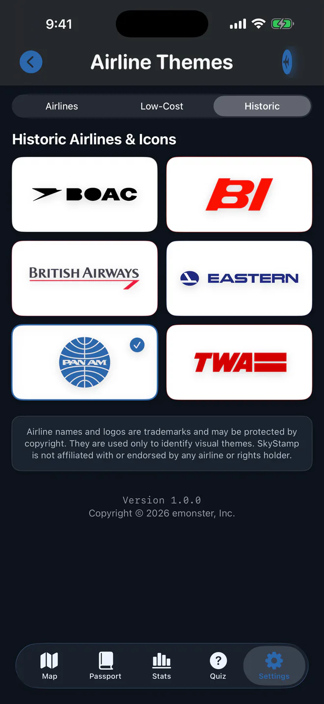 Themes — Give SkyStamp the airline-era character that feels like yours.